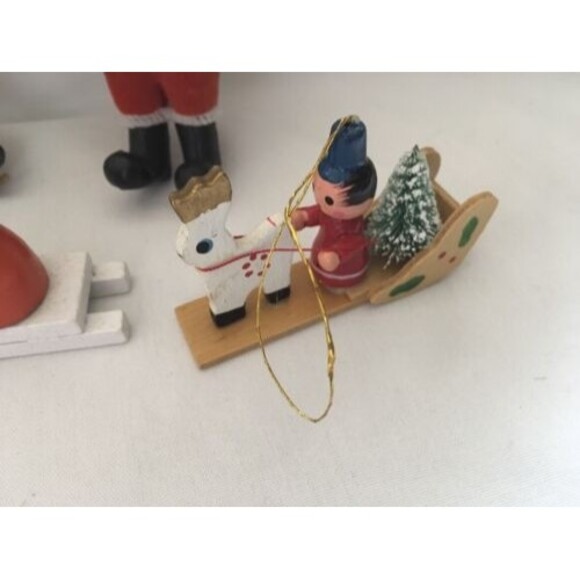 Vintage Christmas Decorations Flocked Santa, Wooden Ornaments, Wreath - Picture 2 of 5